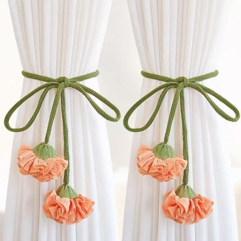 Elastic Band Curtain Tieback Flower Shape Adjustable Window Curtain Buckles Tassels No Punching Curtain Rope Holders Kids Room