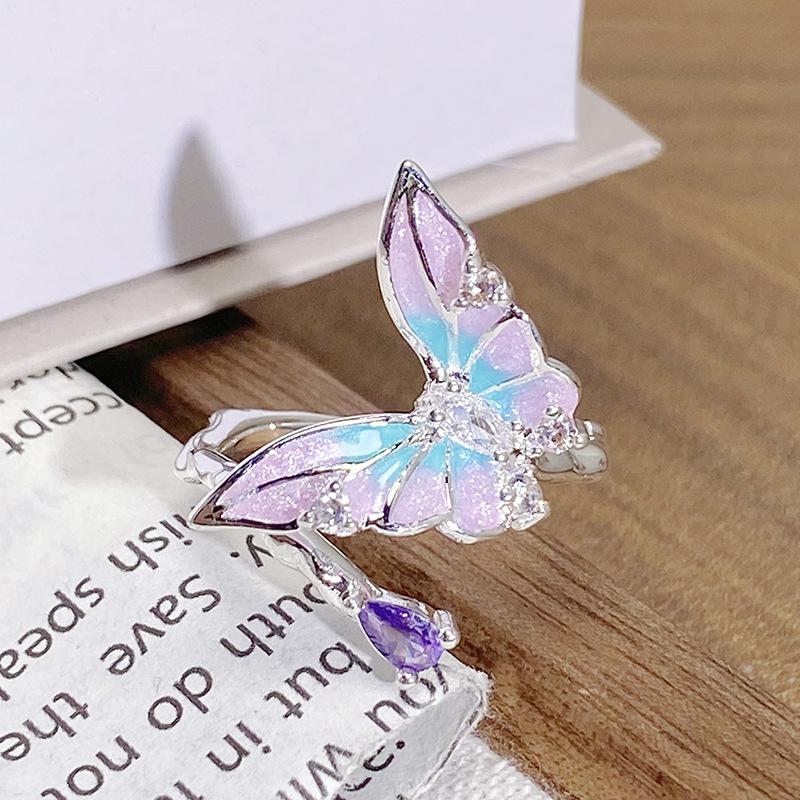 Purple Romantic~ Butterfly Sweet Cool Enamel Dripping Oil Zir*****Pening Ring Exquisite Stacking Temperament Ring Woman