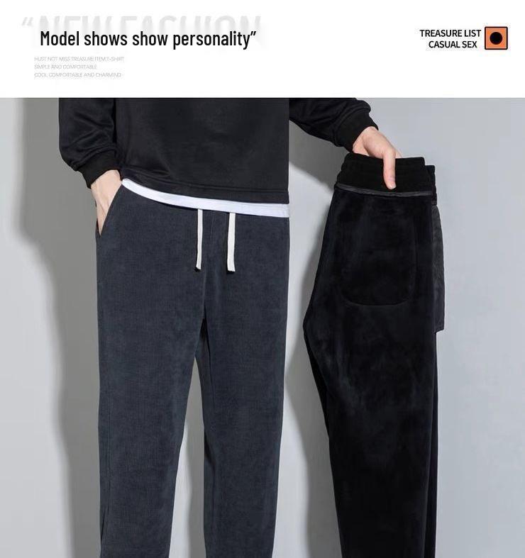 Men's European Size Corduroy Casual Winter Sweatpants with Velvet Lining