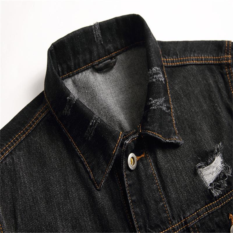 Evropská a americká jarní a podzimní nová černá roztrhaná džínová bunda s kapsami ve švu, bavlněná jednořadá volná džínová bunda pro mládež