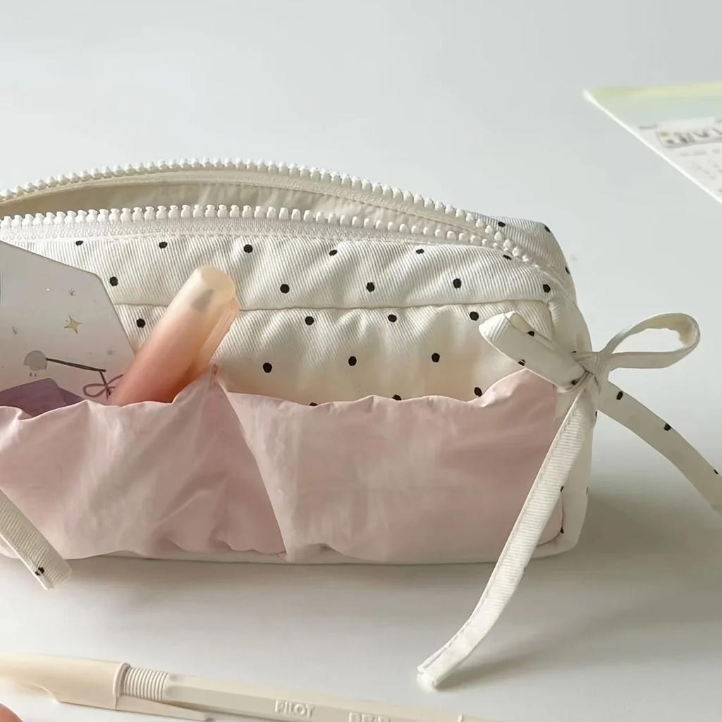 Cute Polka Dot and Strawberry Milk Pencil Case - White with Pink Accessories Heart-shaped Bow Design, Zipper Compartment