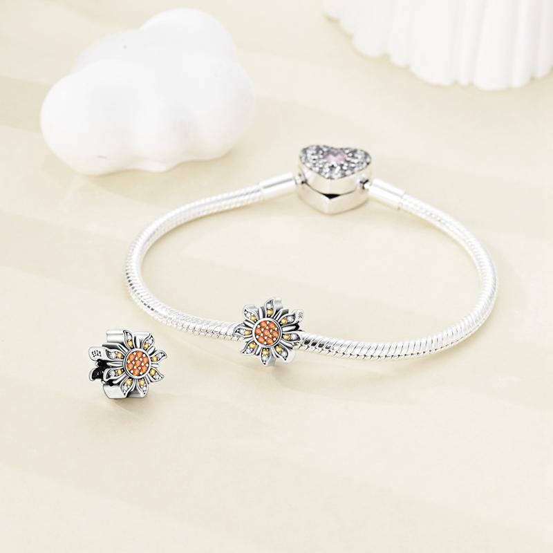 Charms Plata Shiny Orange Sunflower Flowers Beadss Fit Original Bracelets Charms For Women Jewelry Diy Making Fine Gifts