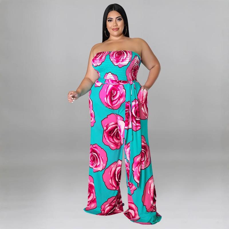 MY900 Plus Size Womens Sleeveless Knit Jumpsuit With Floral Print Rose Red Blue Breathable Milk Silk Fabric Straight Leg 2025 Collection