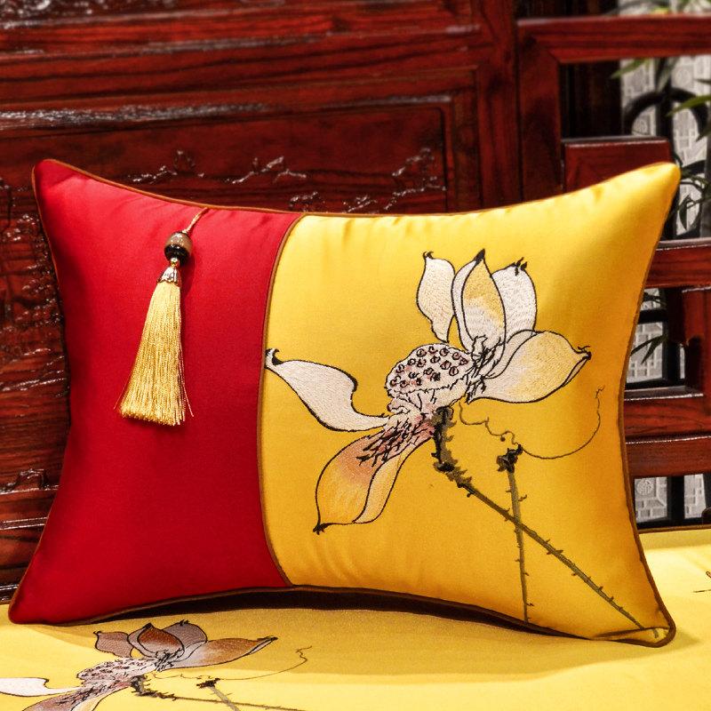 New Chinese-style Throw Pillows with Bird and Flower Embroidery Redwood Sofa Cushion Cover Large Cushion for Living Room Bed