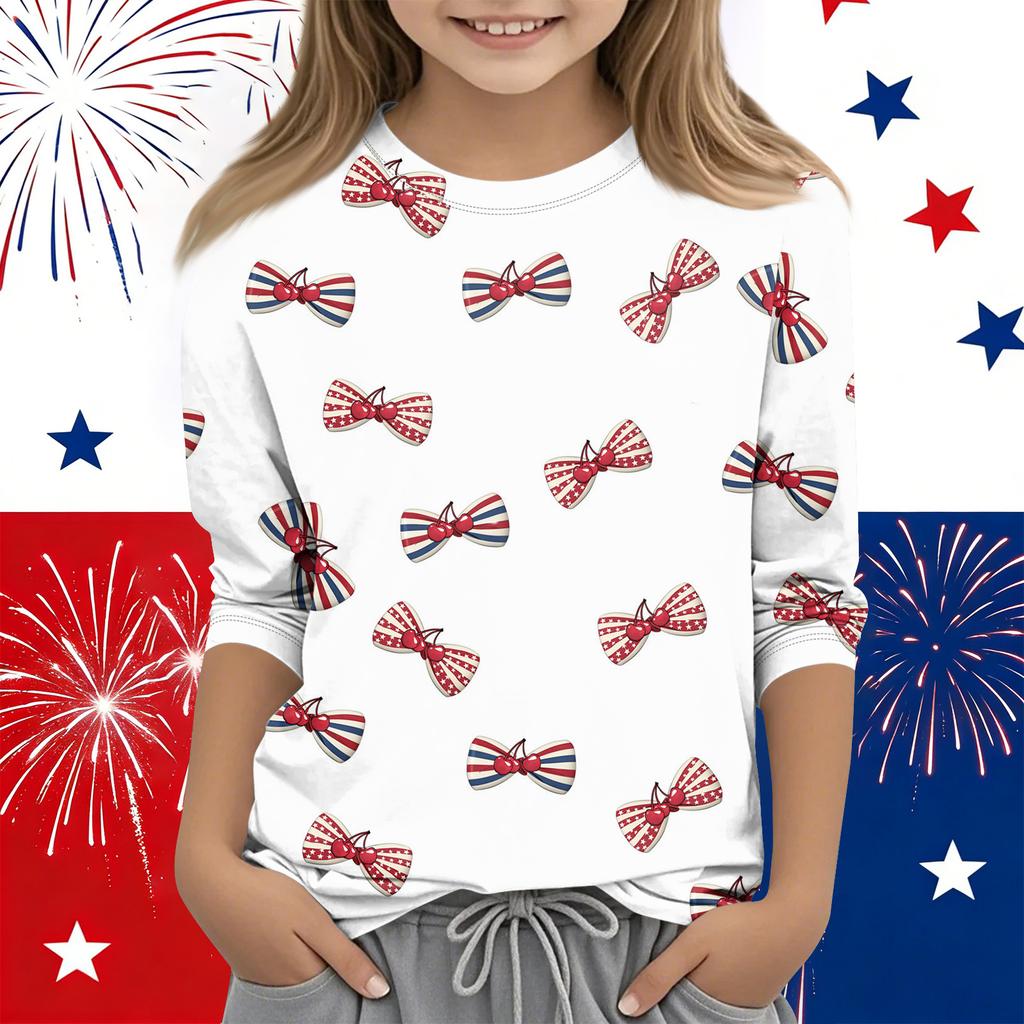 Print Tops For Youth Girls Round Neck 3/4 Sleeves T-Shirts Trendy Tops Outfit Tees Independence Day