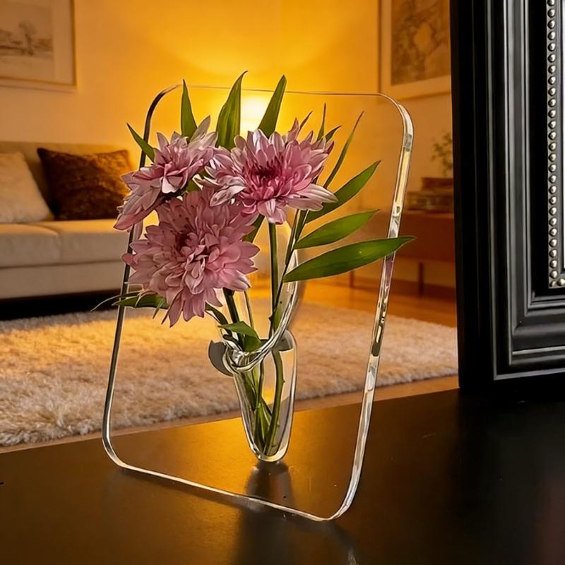 Modern Transparent Acrylic Frame Vase, Decorative Photo Frame Flower Vase for Desktop & Bookshelves Home Decoration