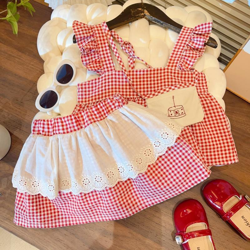 Summer Girls Plaid Cap Sleeve Top And Skirt 2 Piece Set With Matching Handbag Cute Toddler Outfit 80cm