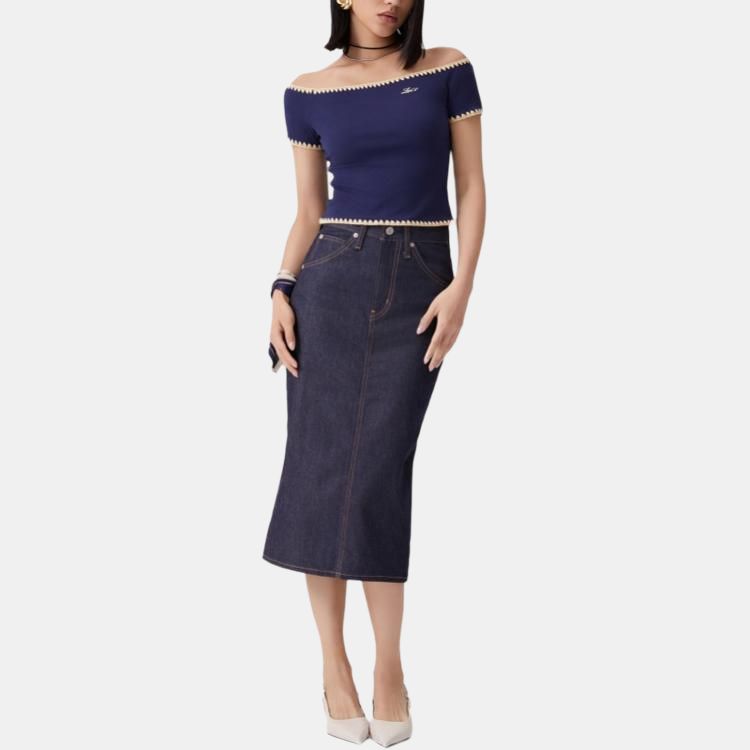 Levis Soft Comfortable Slim Fit Simple Off The Shoulder Short Sleeve T-Shirt Women Tops 003I1-0001