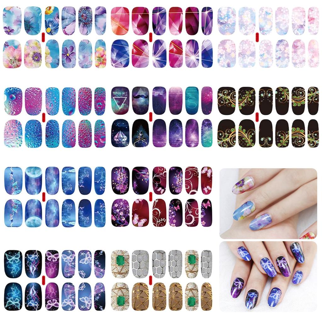 10/12 Sheets Full Cover Nail Stickers Self-Adhesive Nail Polish Gel Decals with Nail File DIY Creative Nail Art Sticker Decor