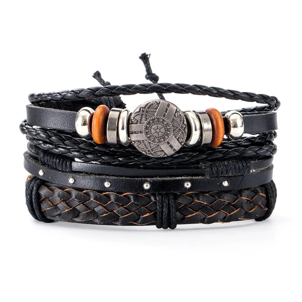 Braided Leather Bracelets for Men Vintage Life Tree Charm Wood Beads Ethnic Tribal Wristband Rope Bracelet Set