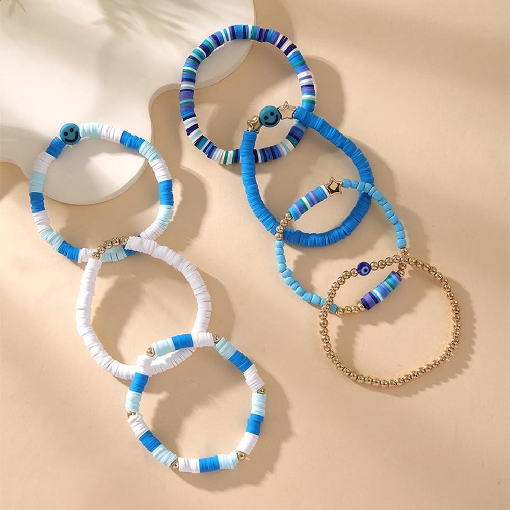7Pcs Combo Latest Stylish Beach Surfer Bracelets Set | Multilayer Boho Happy Smile Heart Star Stretch Beaded Bracelets