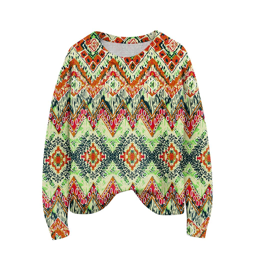 Long Sleeve Pullover Sweaters For Women O Neck Casual Cute Printing Knit Oversized Sweater