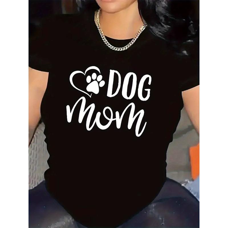 

Women s Crew Neck Short Sleeve T-Shirt Cute Dog Mom Heart Paw Print Casual All Season Wear S чёрный
