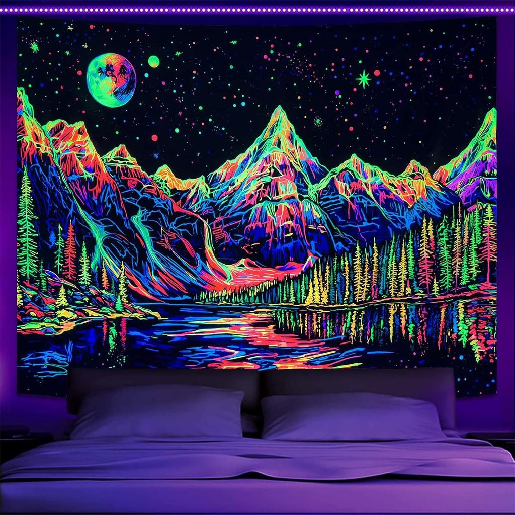 VIKAMA Black And White Starry Night Mountain Tapestry Bedroom Aesthetic Moon Tapestry Dark Natural Forest Wall Hanging