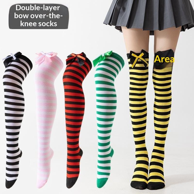 1 Pair Double Bow Decor Striped Over Knee High Socks Soft Skin-friendly for Girls Cosplay Halloween Costume Wear
