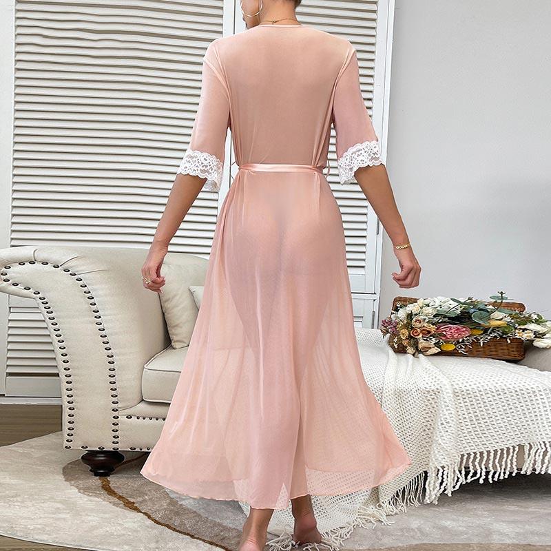 Elegant Lace-Trimmed Open-Front V-Neck Satin Bathrobe for Women