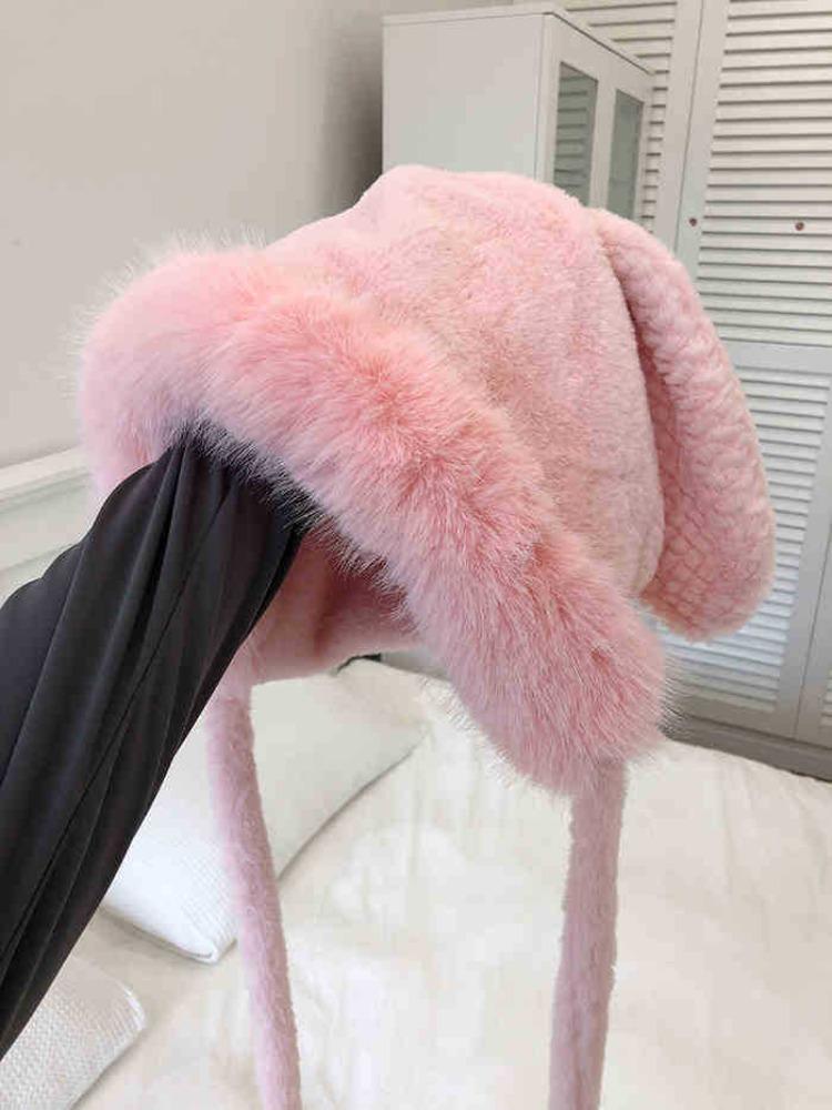 Winter Hat Female Fluffy Cute Rabbit Ears Lei Feng Hat Warm Ear Protection Hat Thickened Pullover Hat