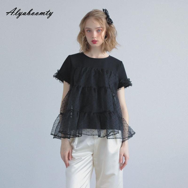 Korean Fashion Summer Women Patchwork Stylish Top O Neck Cotton Polka Dot Mesh Ruffles T-Shirt Short Sleeve Casual Loose Ladies' Tee