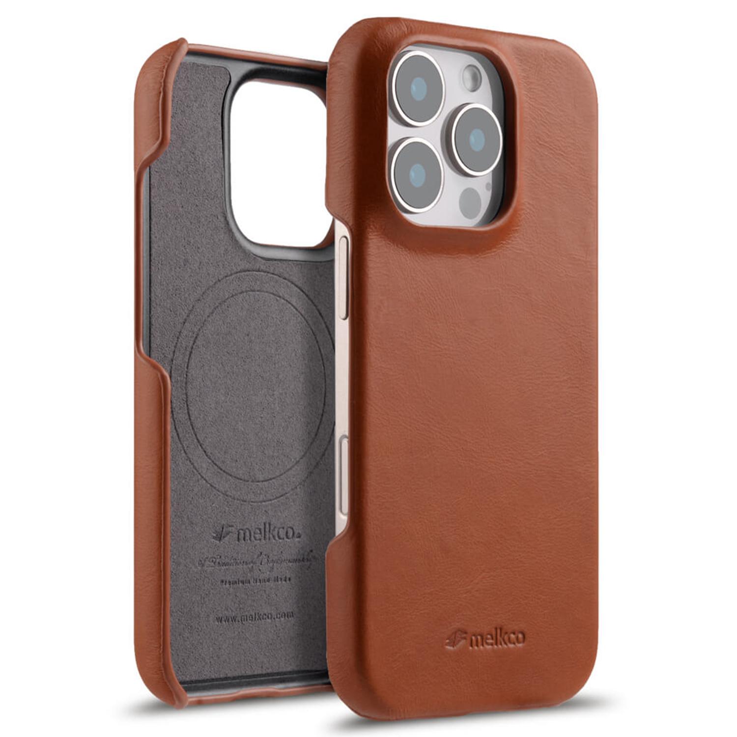 

MELKCO For iPhone 16 Pro Max Case Compatible with MagSafe Waxy Genuine Cow Leather PC Phone Back Cover Brown