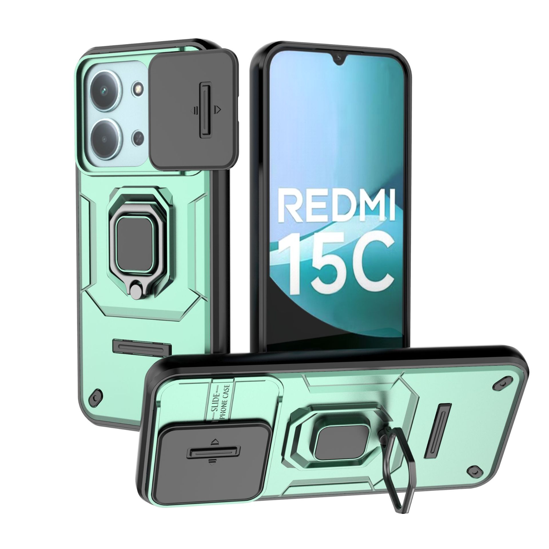 

Xiaomi Redmi 15C (171.6*79.5мм) Чехол для телефона с выдвижной крышкой для камеры, поворотной кольцевой подставкой, противоударный защитный чехол военного класса Xiaomi Redmi 15C 5G/4G 17 зелёный