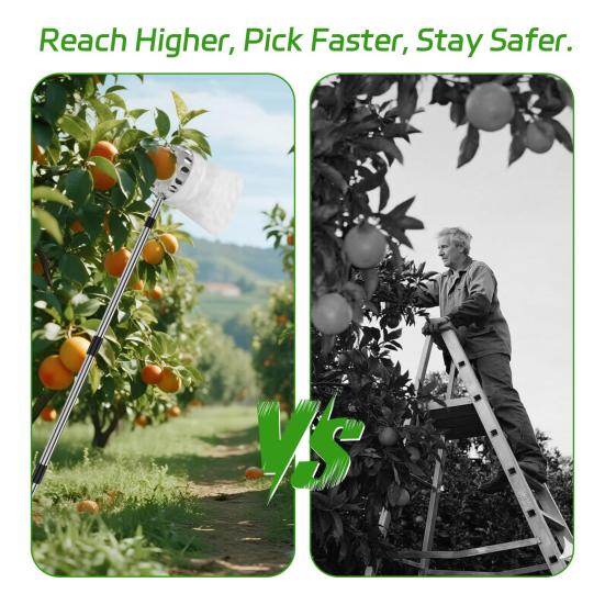 Long Handle Fruit Picker Metal Fruit Harvesting Claw with Cloth Bag Stainless Steel Pole Adjustable Tree Fruit Harvester for Apples