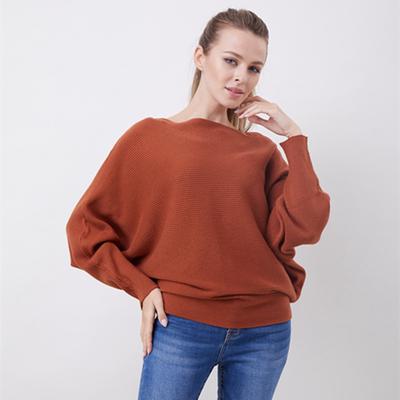 Women's Casual Fashion Knitwear One Neck Batwing Pullover Hem Elastic Soft Breathable Sweater Loose Simple Solid Comfortable Thread Knit Tops