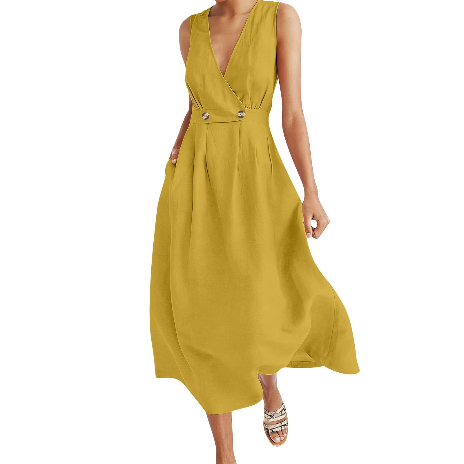 

Women s Fashion Color Long Dress Summer Loose V-neck Sleeveless Pocket Party Vacation Dress XL