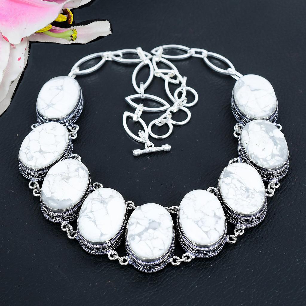 Howlite Jasper Gemstone Handmade 925 Sterling Silver Jewelry Necklace 18" KG-1634
