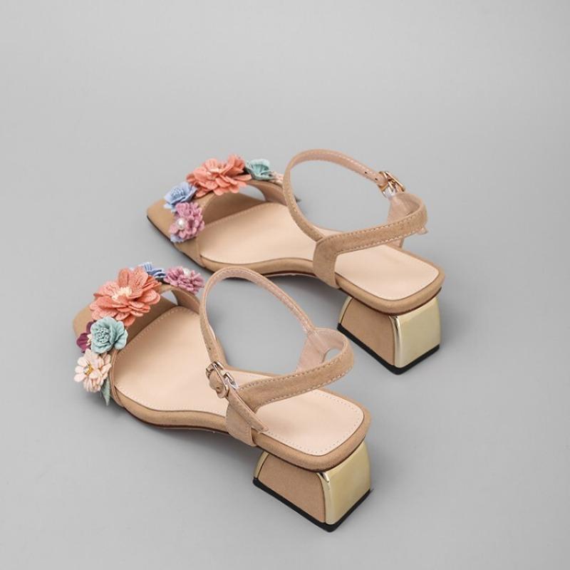 Fashion Women Sweet Colored Flower Sheep-suede Fashion Sandals Summer 4.5cm Low Heel Birthday Party Wedding Bride Bridesmaid Shoes 42