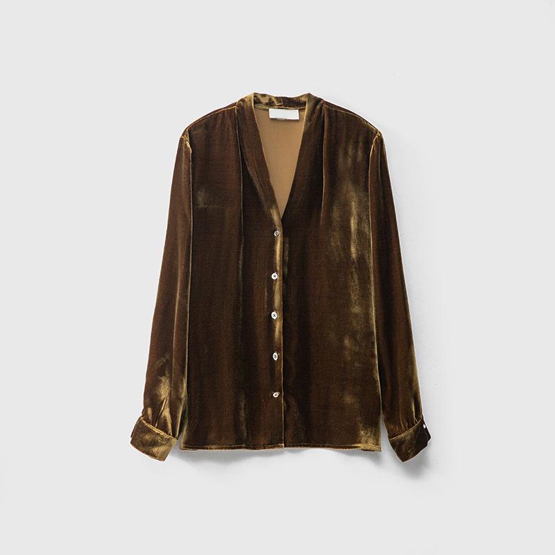 

Women s Elegant V-Neck Mulberry Silk Velvet Long Sleeve Shirt L оливковий