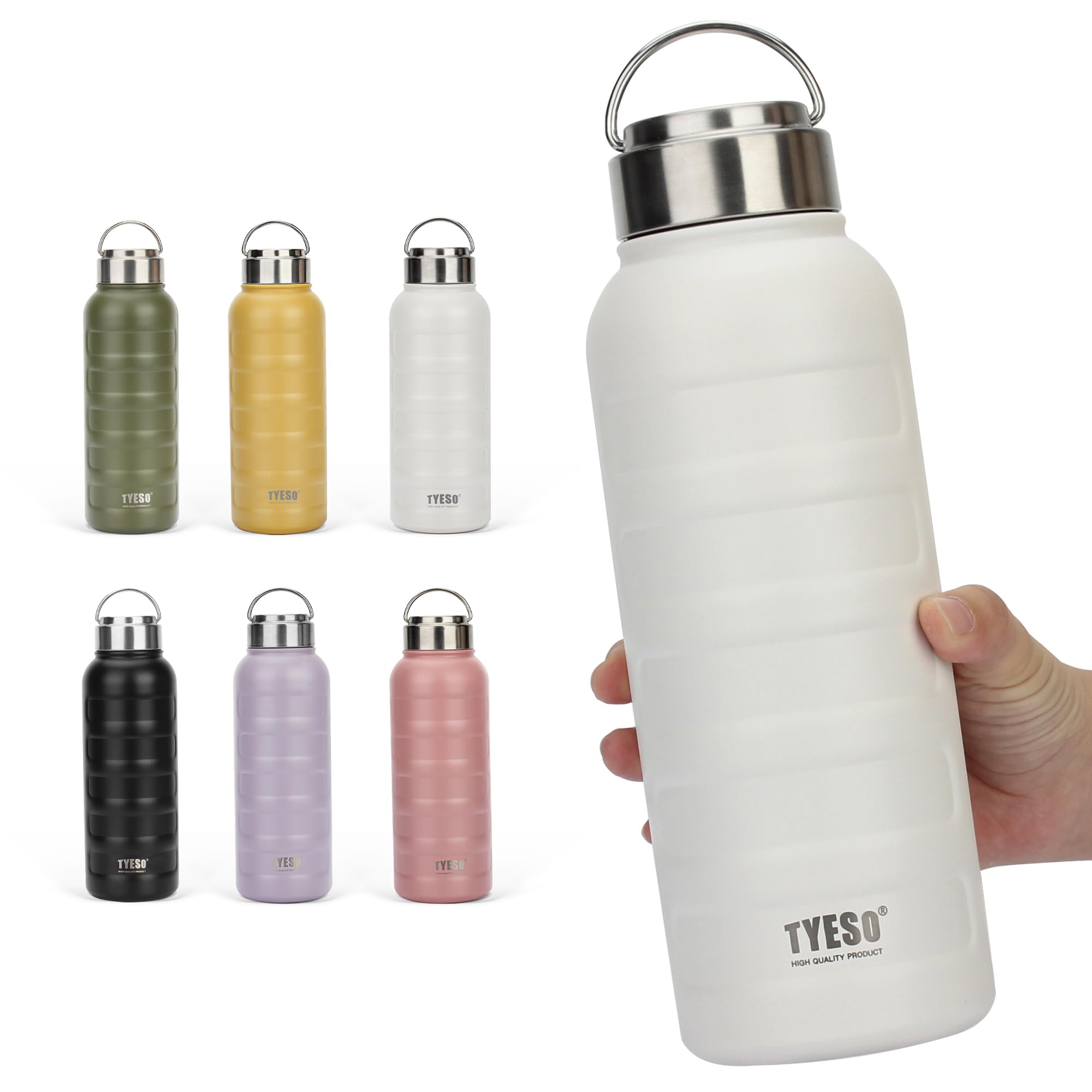 

TYESO Vacuum Insulated Sports Water Stainless Wide with Liter Bottle, Steel, Double-Walled, Mouth, Handle, 0.75/1 (1000ml, White) білий