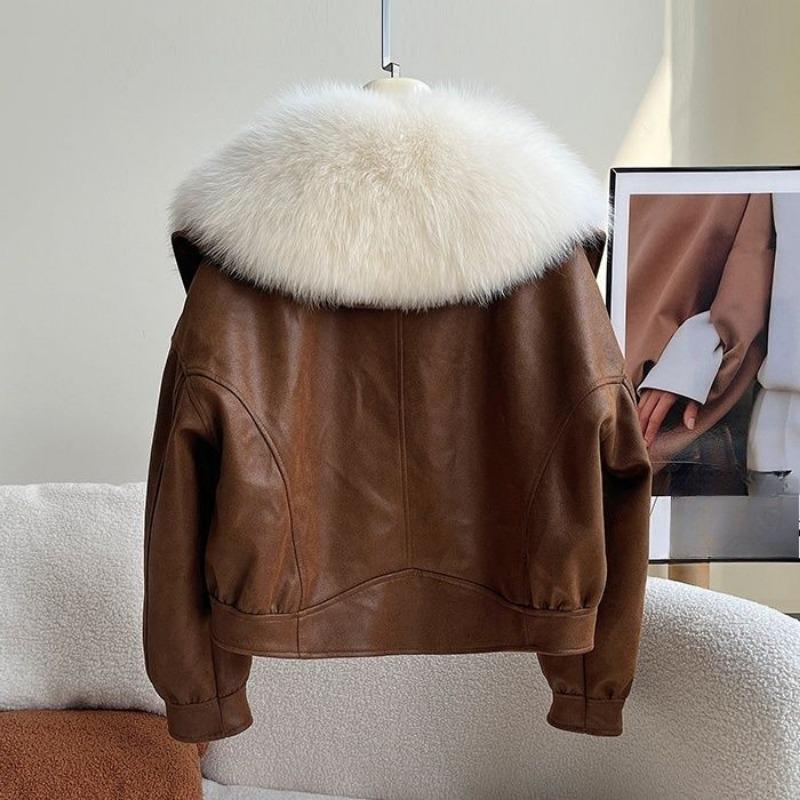 Fashion Faux Fox Fur Loose  Biker Jacket Women Coat Winter Outerwear
