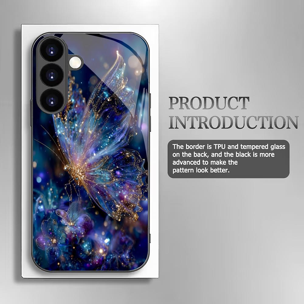 Brilliant butterfly pattern glass phone case suitable for Samsung Galaxy S26 S25 S24 S23 S22 S20 FE/Ultra/Plus shockproof