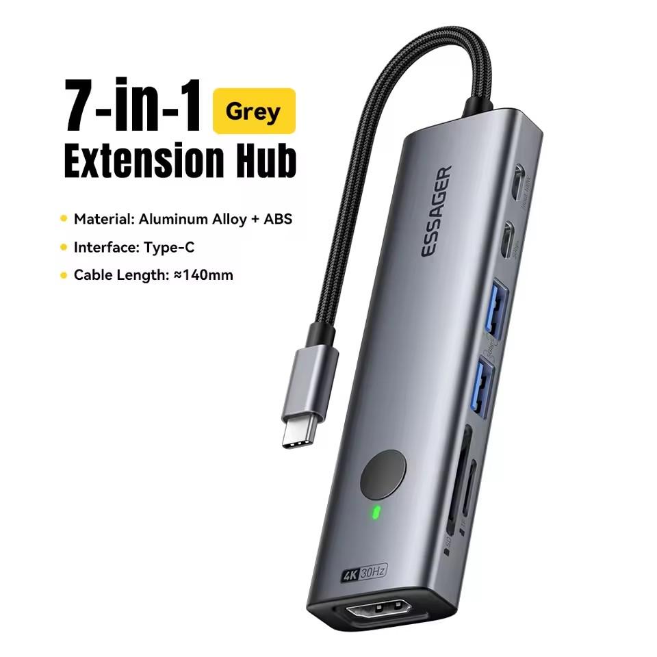 

Essager 7 в 1 Хаб Type C на USB 3.0 Адаптер Док-станция для расширения Type C на HDMI 4K@30Hz Зарядная док-станция PD100W Поддержка чтения SD/TF 7-in-1 USB Hub серый