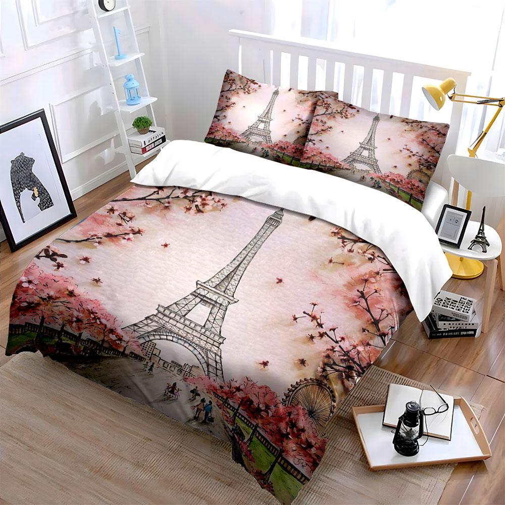 Eiffel Tower with Cherry Blossoms Bedding Duvet Cover Set Duvet Cover Pillowcases (1*Duvet Cover 2*Pillowcases, without duvet insert)
