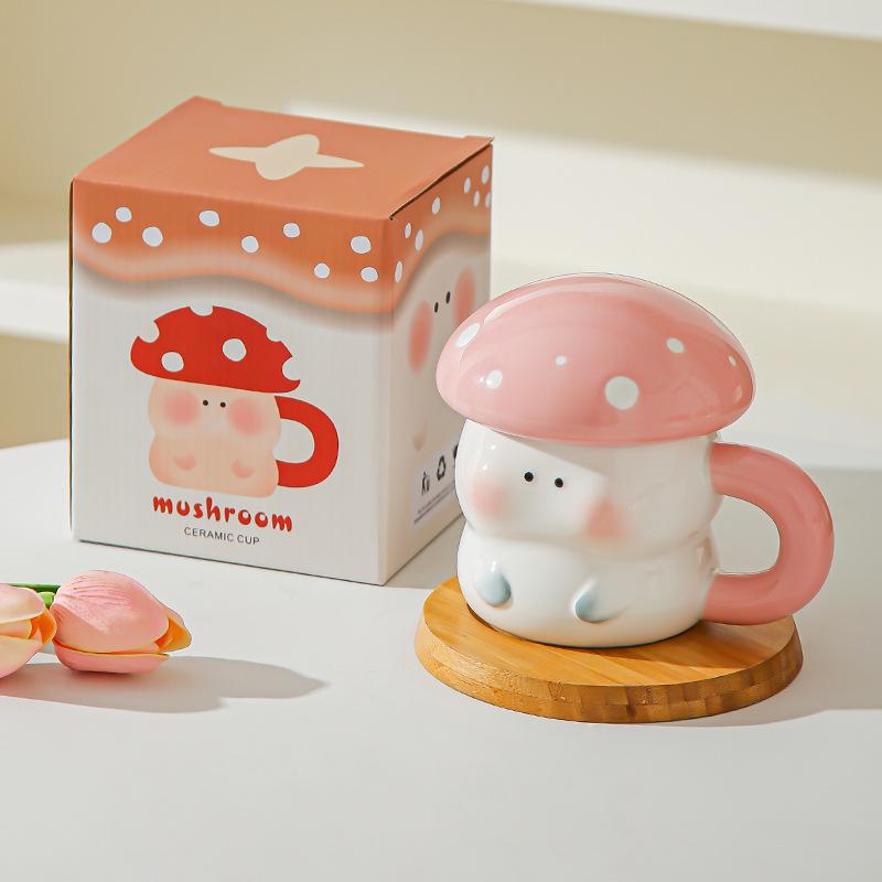 Girl's heart cartoon cute mushroom ceramic cup with lid souvenir high value creative ceramic mug coffee cup