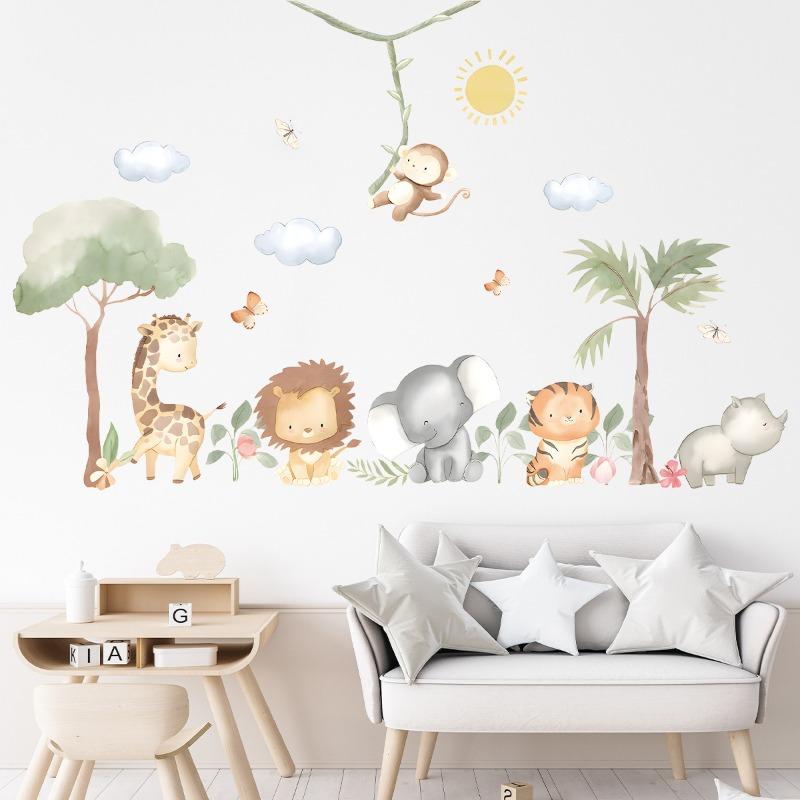 Cartoon Niedlich Löwe Elefant Giraffe Baum Wald Tiere Wandaufkleber für Schlafzimmer Wohnzimmer Kinderzimmer Dekoration Wanddekal