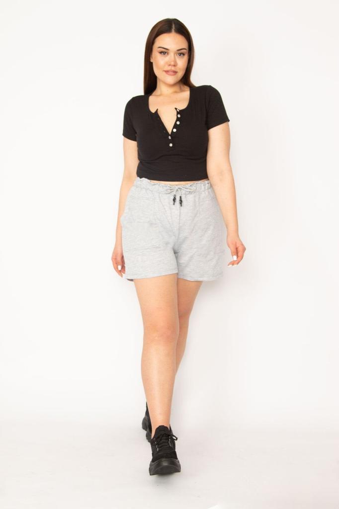 Damenmode Übergröße Shorts & Bermudas Große Größe Graue Shorts mit elastischem Bund und Schnür-Taschen