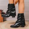 Plus Size Fashion Chunky Heel Ankle Boots Women Pointed Toe Slip On Fold Over Boots Woman Autumn Winter Black PU Leather Booties