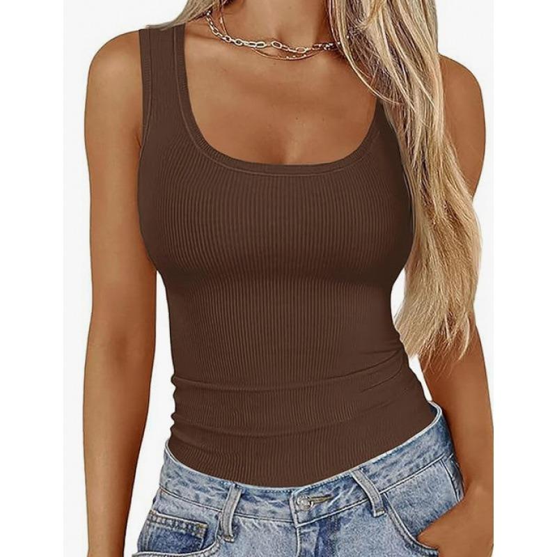 Women's Square Neck Ribbed T-Shirt Sleeveless Stretch Slim Basic Tank Tops for Hot Girls