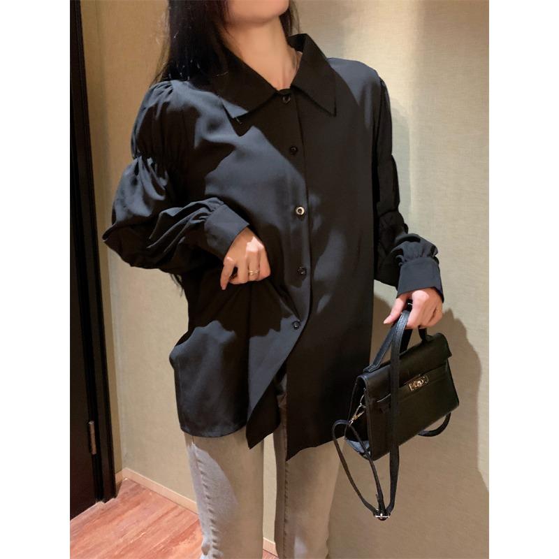 Fashion Niche Black Ladies Shirt with Buttons, French Retro Chic Bubble Long-sleeved Ladies White Top