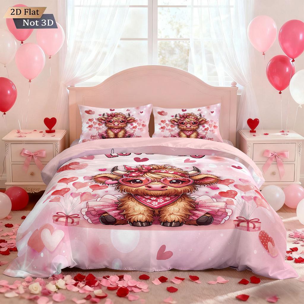 3pc pink Valentine's Day Highland Cow Print Coreless Quilt Set Multi Size Bedroom Dormitory Bedding Decoration Machine Washable
