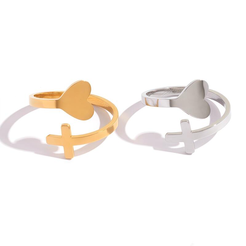 304 Stainless Steel Heart Cross Open Rings for Women Men Romantic No Fading Adjustable Couple Rings Valentine's Day Jewelry Gift