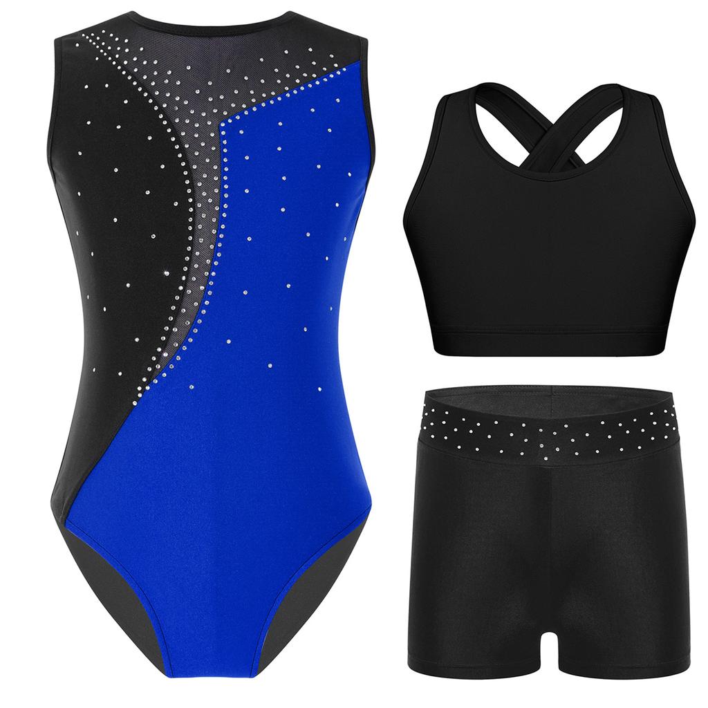 Ärmelloses Tanzset für Mädchen Glitzernde Strasssteine Kontrastfarben Gymnastik-Leotard mit Shorts und Top