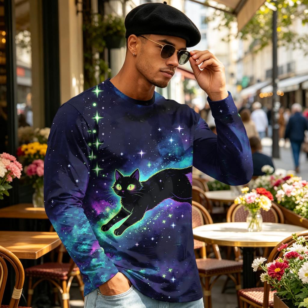 Men's Halloween Print Long Sleeve Neck T-Shirt Loose Fit Casual Top