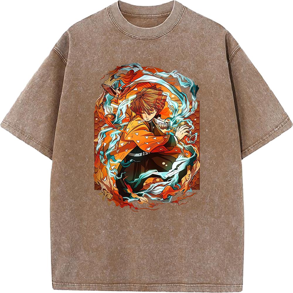 Agatsuma Zenitsu Graphic Washed T-shirt Demon Slayer Anime Clothing Men Women Cotton Tshirts Oversized Retro T Shirt Male Tops