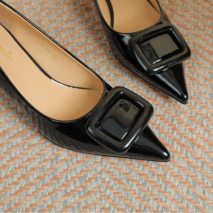 French New Products Single Shoes Women's New Products Square Buckle New Models New Temperament Pointed High Heels Stiletto Burgundy