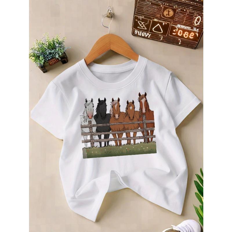 European Size Childrens Crew-neck Short-sleeved T-shirt with Horse Pattern Print
