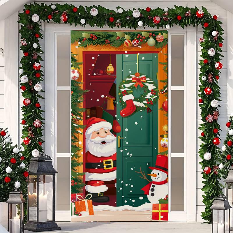 1 Buc Banner Husă Ușă Crăciun Fericit Poliester Om de Zăpadă Model Brad de Crăciun Alb pentru Ajun Anul Nou Petrecere de Sărbători Ușă Față Decor Acasă Perete