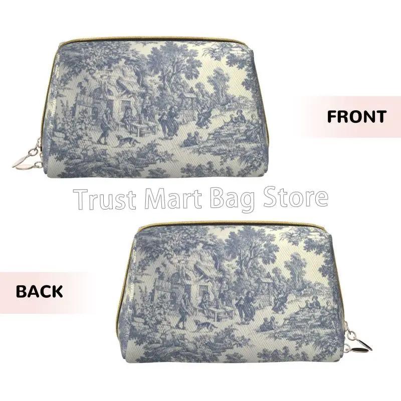Franse Landelijke Make-uptas Retro Toile De Jouy Leer Reizen Cosmetica Organizer Vrouwen Grote Capaciteit Waterdichte Toiletartikelen Tas